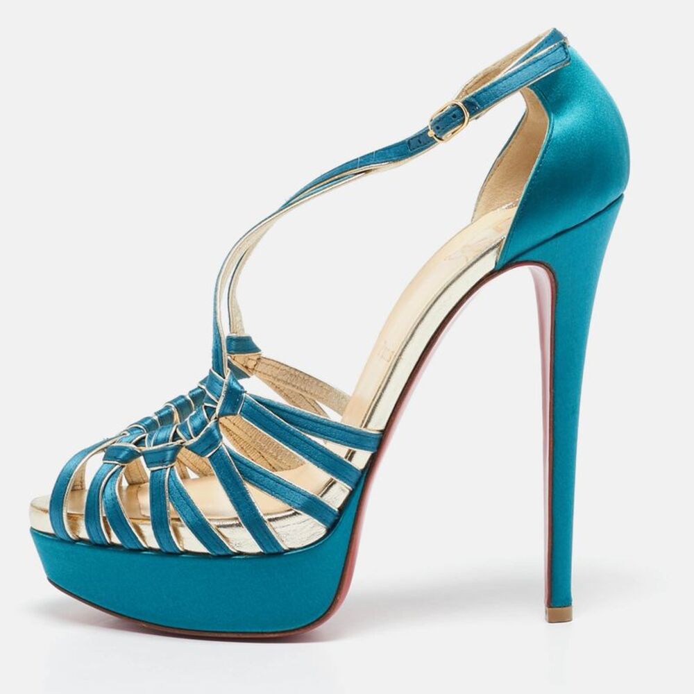 Christian Louboutin Teal Satin Strappy Platform Stilettos